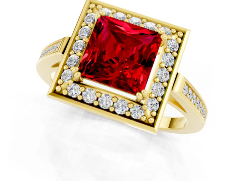 Yellow gold {shape_name} Ruby Halo Ring with Split Shank and Four-Prong Setting_1
