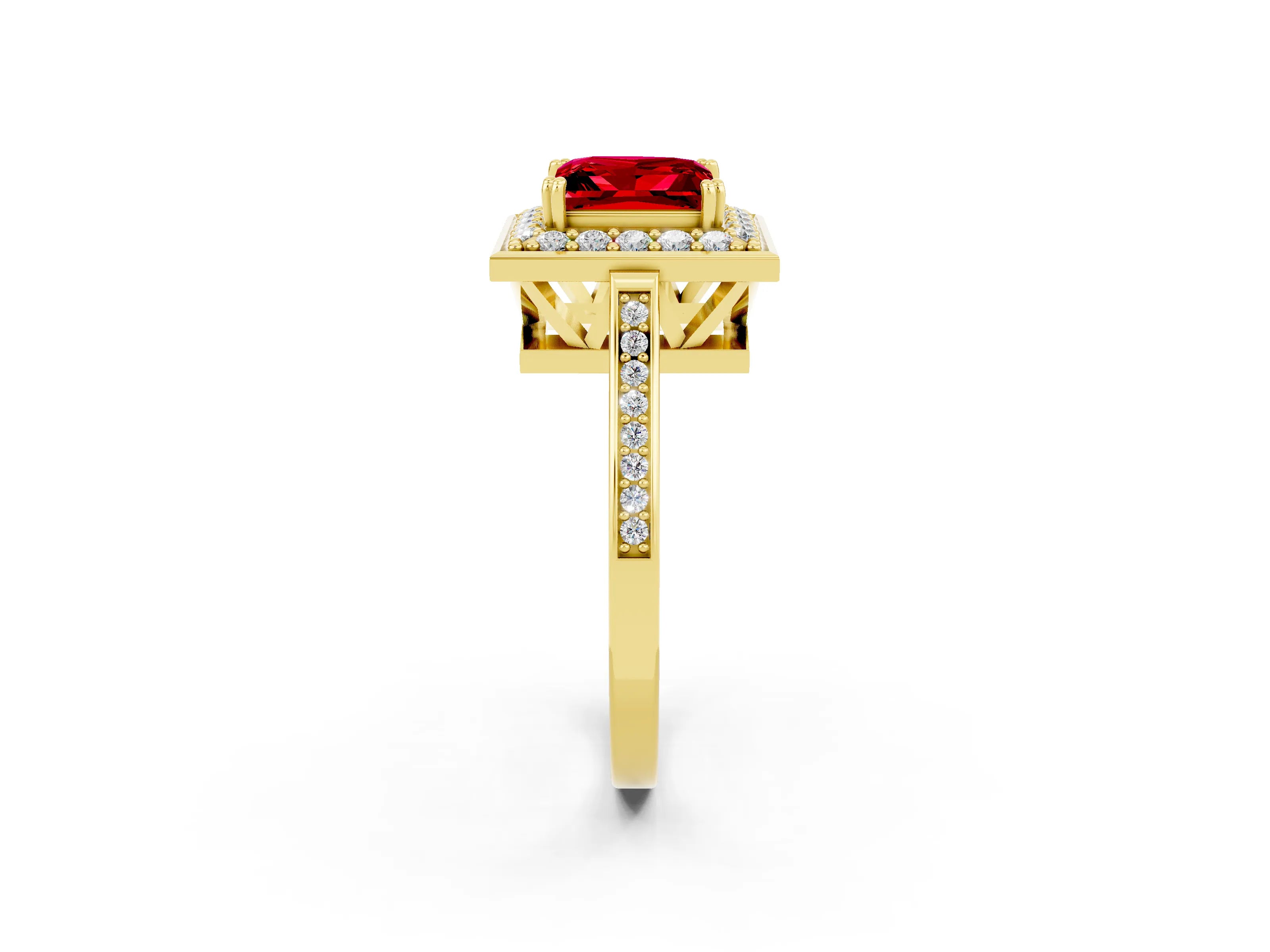 Yellow gold {shape_name} Ruby Halo Ring with Split Shank and Four-Prong Setting_2