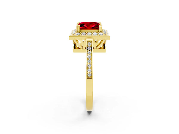 Yellow gold Princess Cut Ruby Halo Ring with Split Shank and Four-Prong Setting