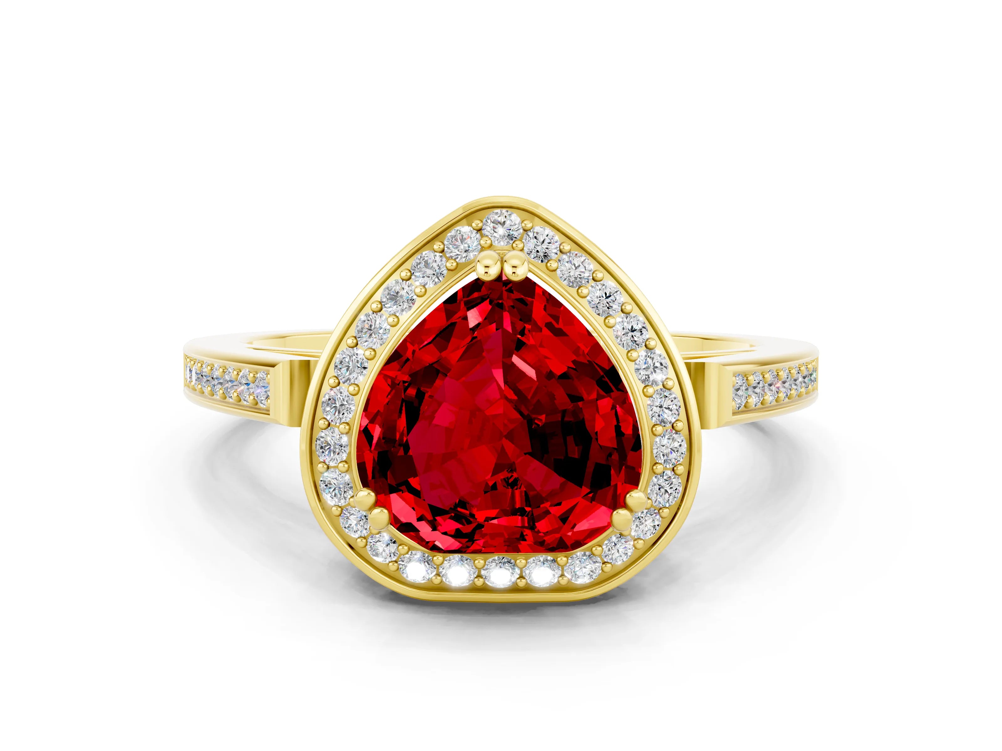 Yellow gold {shape_name} Ruby Halo Ring with Split Shank and Four-Prong Setting