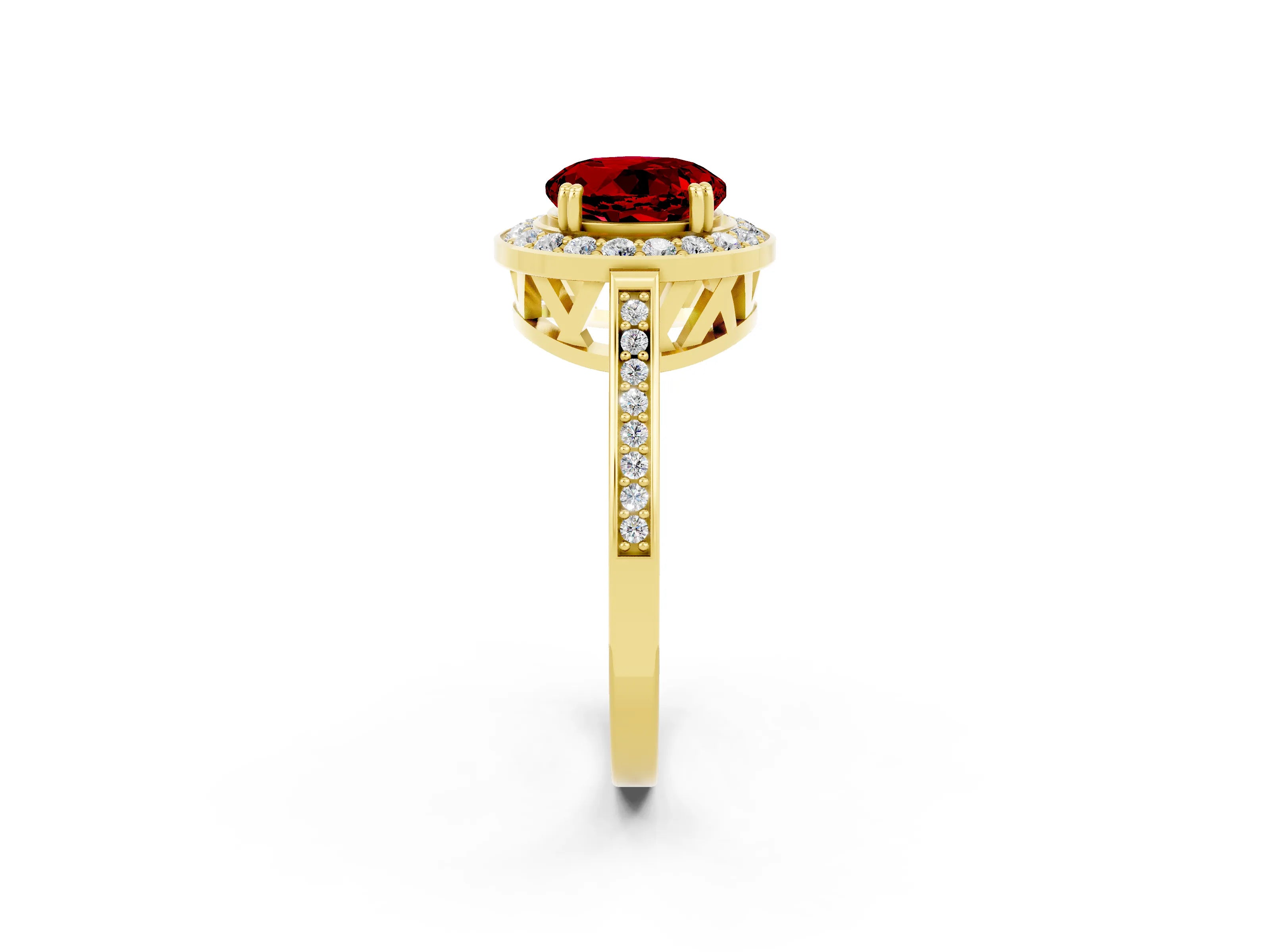 Yellow gold {shape_name} Ruby Halo Ring with Split Shank and Four-Prong Setting_2