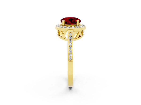 Yellow gold Round Cut Ruby Halo Ring with Split Shank and Four-Prong Setting