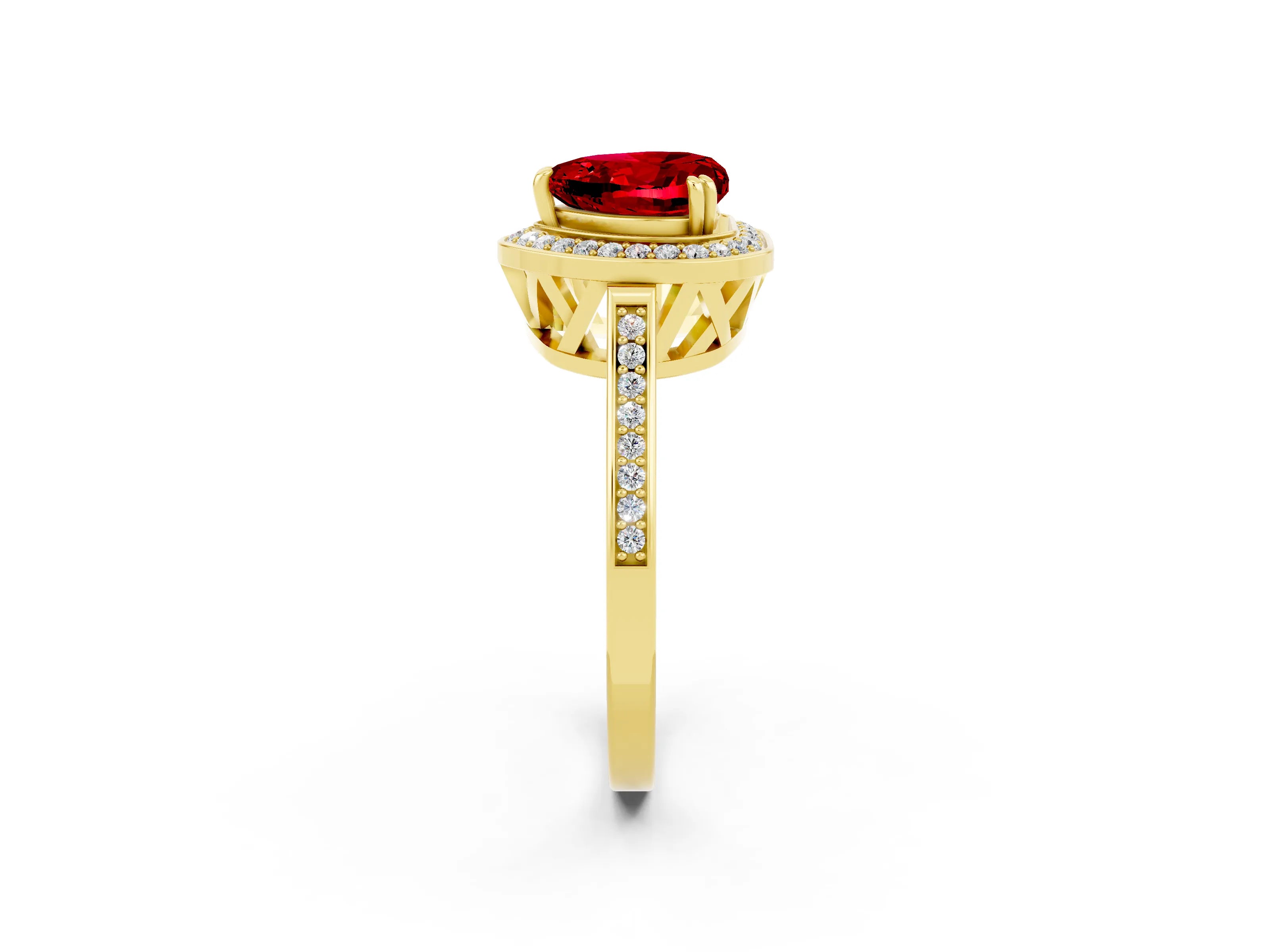 Yellow gold {shape_name} Ruby Halo Ring with Split Shank and Four-Prong Setting_2