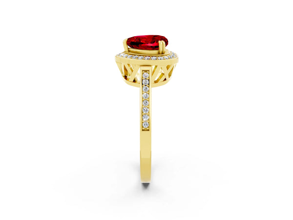Yellow gold Heart Cut Ruby Halo Ring with Split Shank and Four-Prong Setting