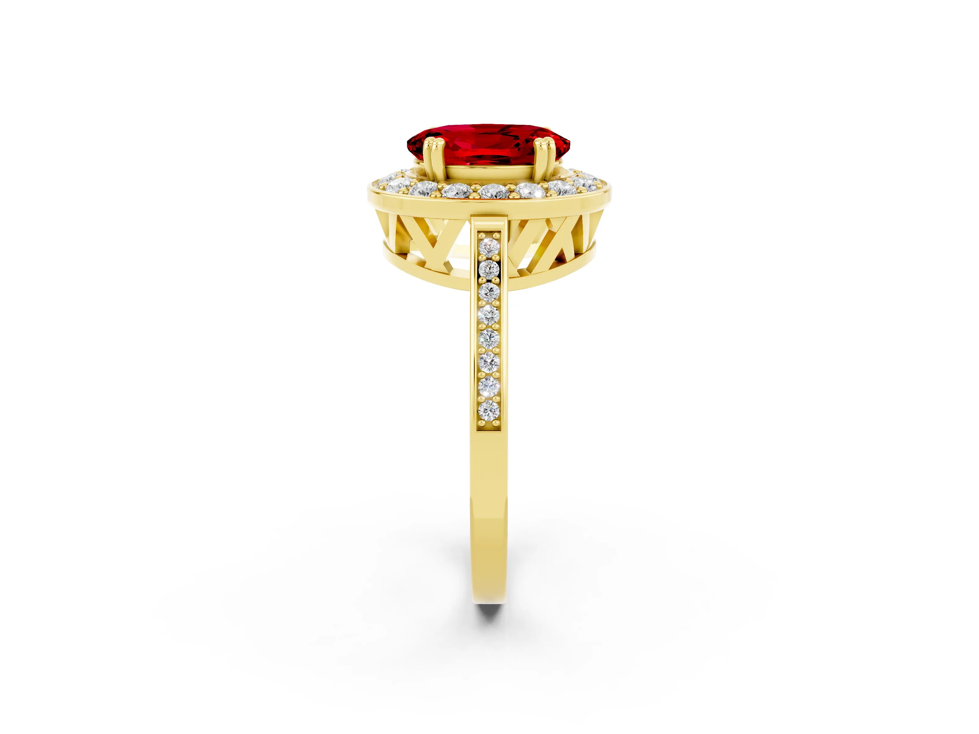Yellow gold {shape_name} Ruby Halo Ring with Split Shank and Four-Prong Setting_2