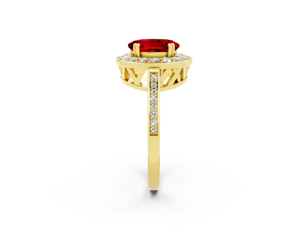 Yellow gold Oval Cut Ruby Halo Ring with Split Shank and Four-Prong Setting