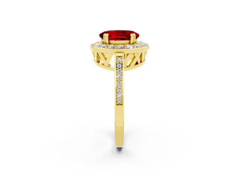 Yellow gold {shape_name} Ruby Halo Ring with Split Shank and Four-Prong Setting_2