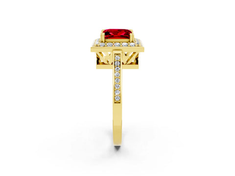 Yellow gold {shape_name} Ruby Halo Ring with Split Shank and Four-Prong Setting_2