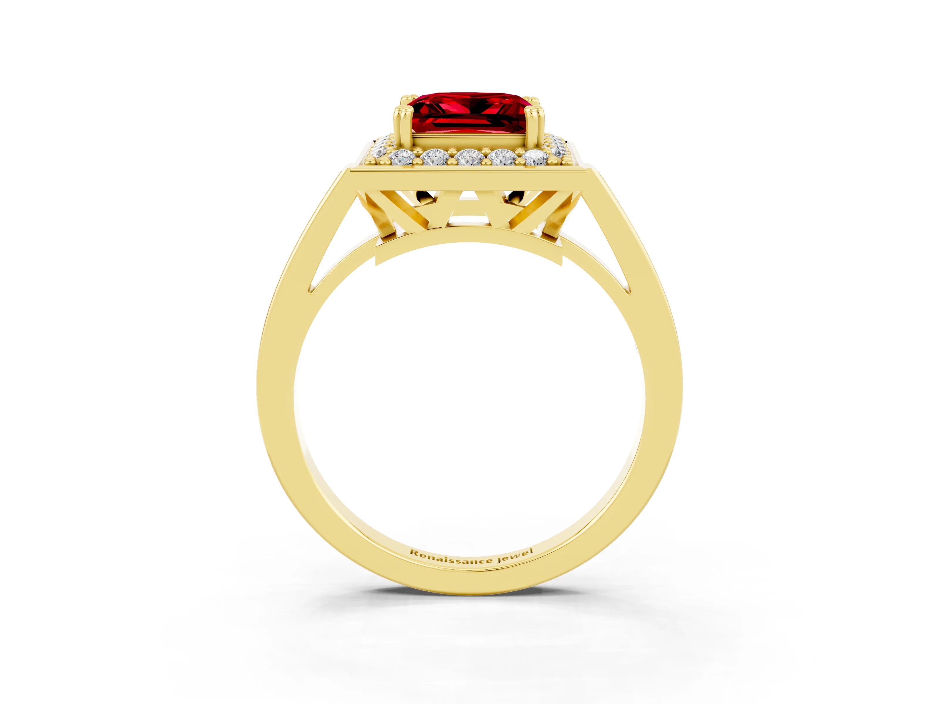 Yellow gold {shape_name} Ruby Halo Ring with Split Shank and Four-Prong Setting_3
