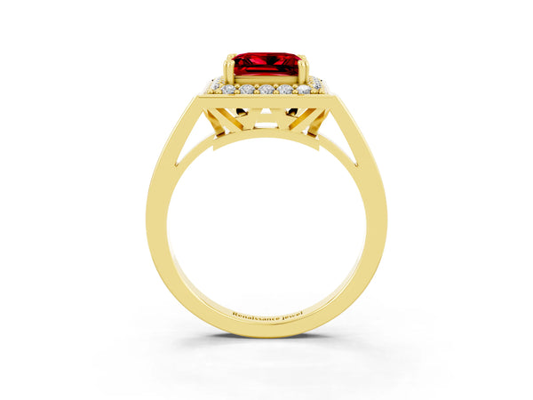 Yellow gold Princess Cut Ruby Halo Ring with Split Shank and Four-Prong Setting