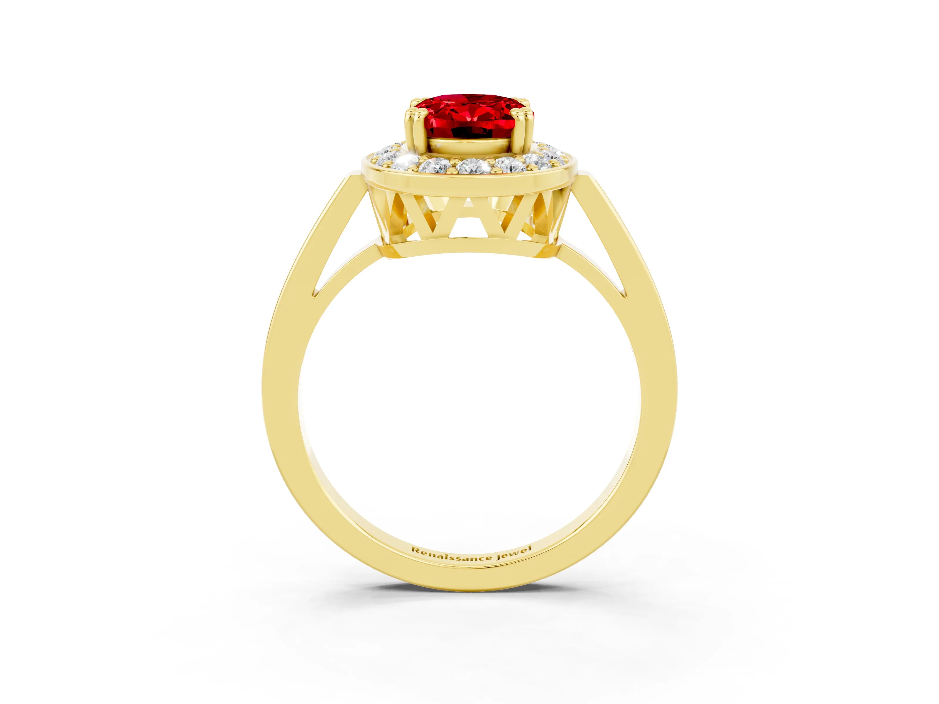 Yellow gold {shape_name} Ruby Halo Ring with Split Shank and Four-Prong Setting_3