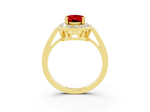 Yellow gold Oval Cut Ruby Halo Ring with Split Shank and Four-Prong Setting