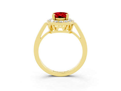 Yellow gold {shape_name} Ruby Halo Ring with Split Shank and Four-Prong Setting_3