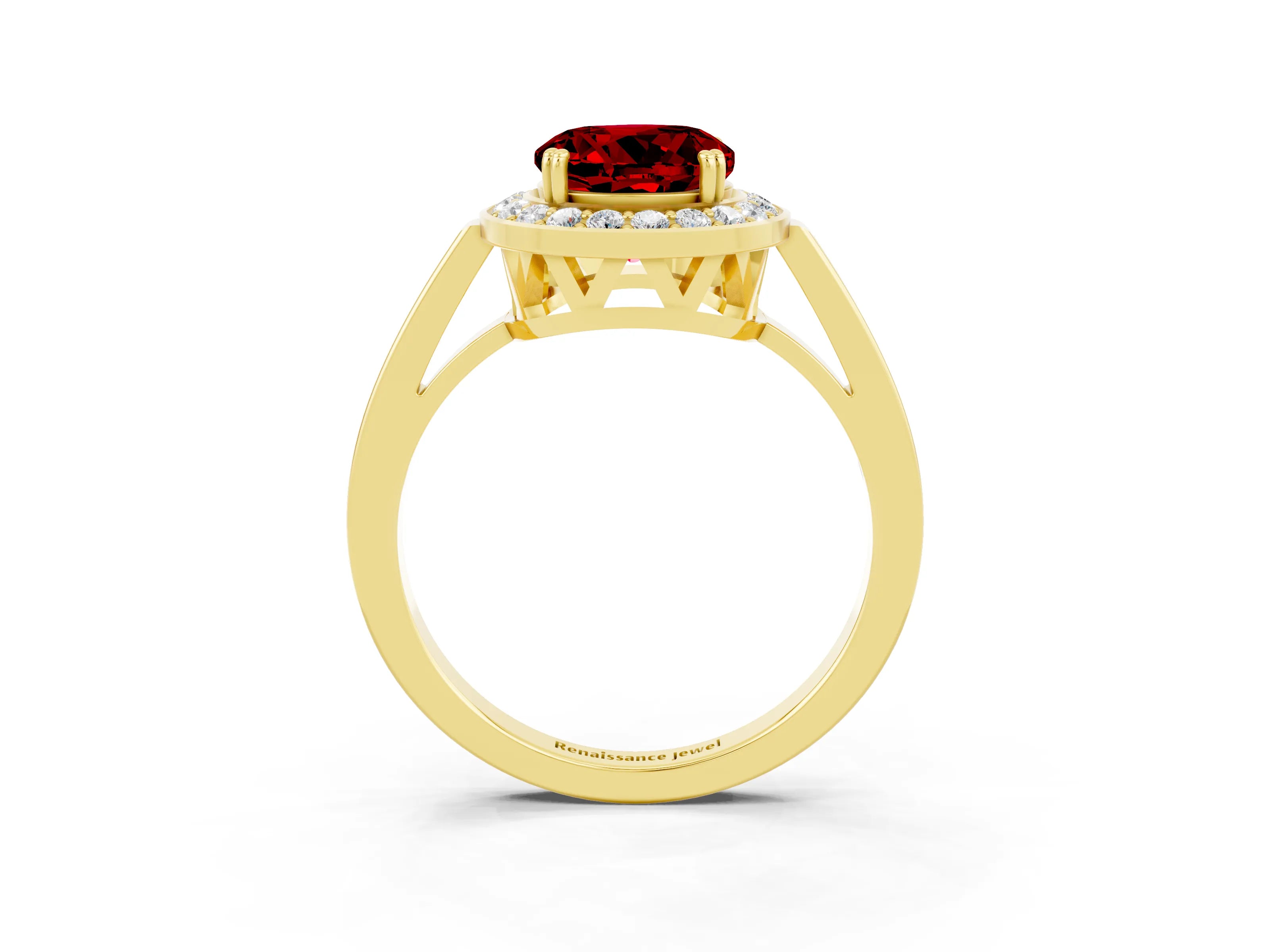 Yellow gold {shape_name} Ruby Halo Ring with Split Shank and Four-Prong Setting_3