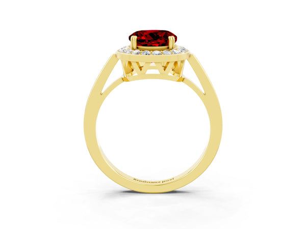Yellow gold Round Cut Ruby Halo Ring with Split Shank and Four-Prong Setting