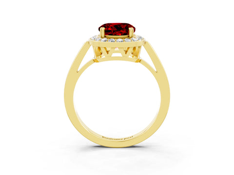 Yellow gold {shape_name} Ruby Halo Ring with Split Shank and Four-Prong Setting_3