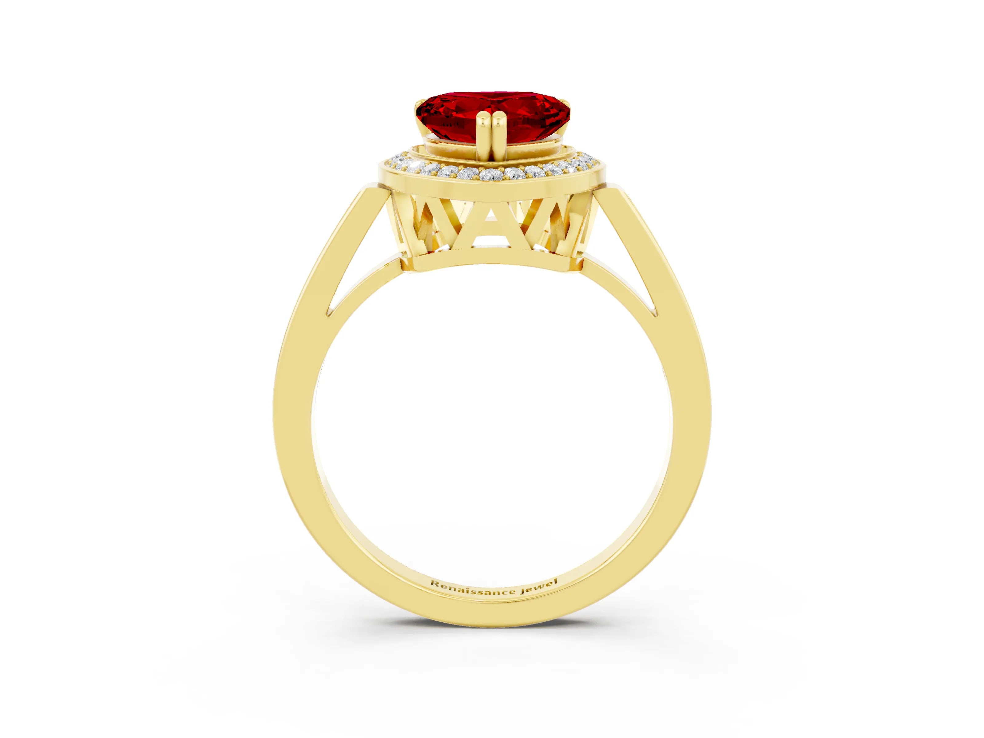 Yellow gold {shape_name} Ruby Halo Ring with Split Shank and Four-Prong Setting_3