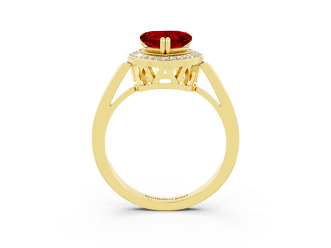 Yellow gold {shape_name} Ruby Halo Ring with Split Shank and Four-Prong Setting_3