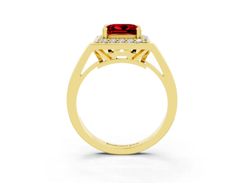 Yellow gold {shape_name} Ruby Halo Ring with Split Shank and Four-Prong Setting_3