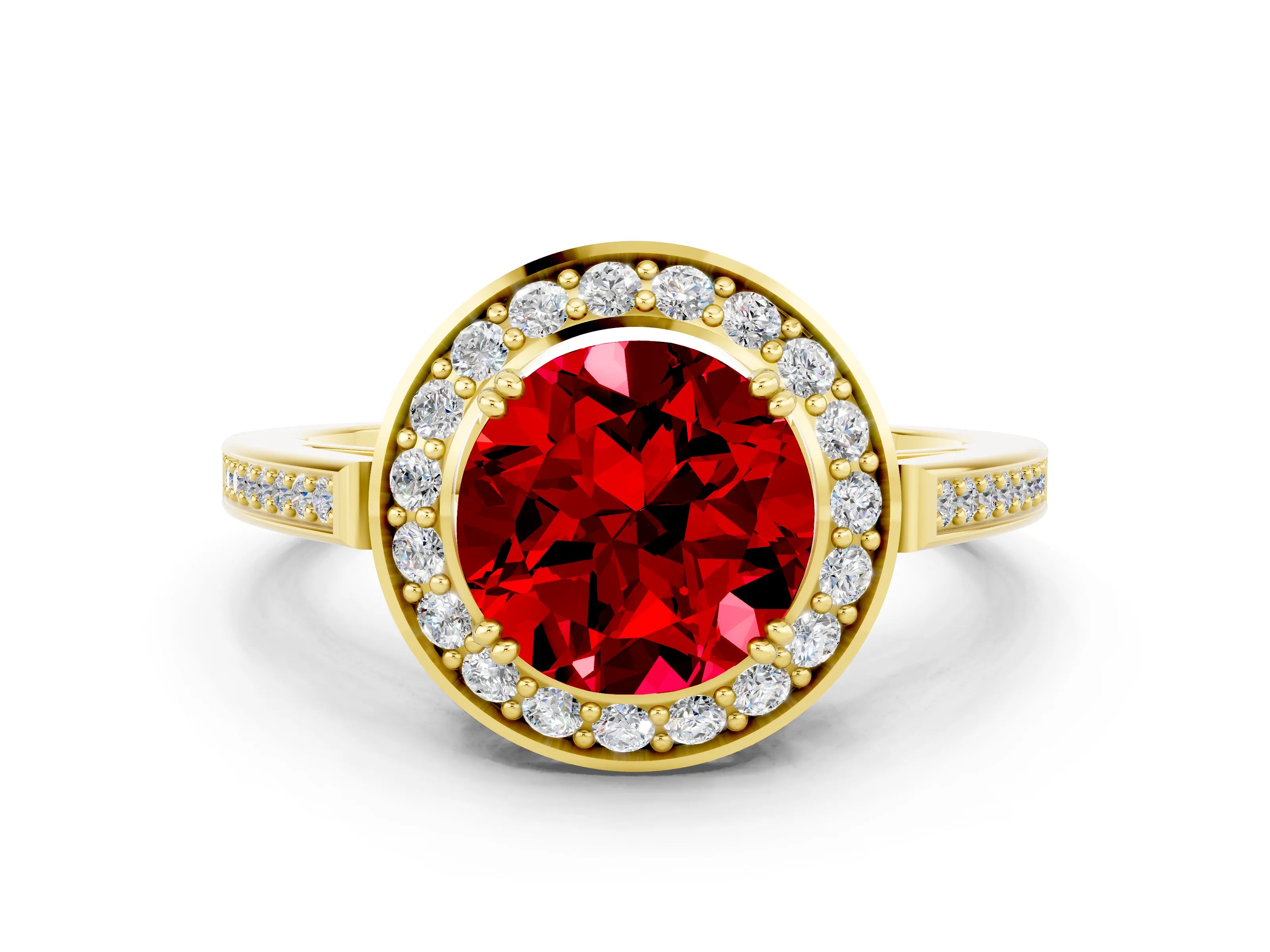 Yellow gold {shape_name} Ruby Halo Ring with Split Shank and Four-Prong Setting