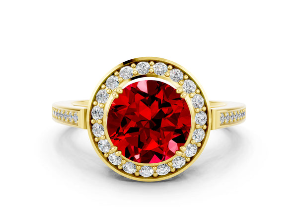 Yellow gold Round Cut Ruby Halo Ring with Split Shank and Four-Prong Setting