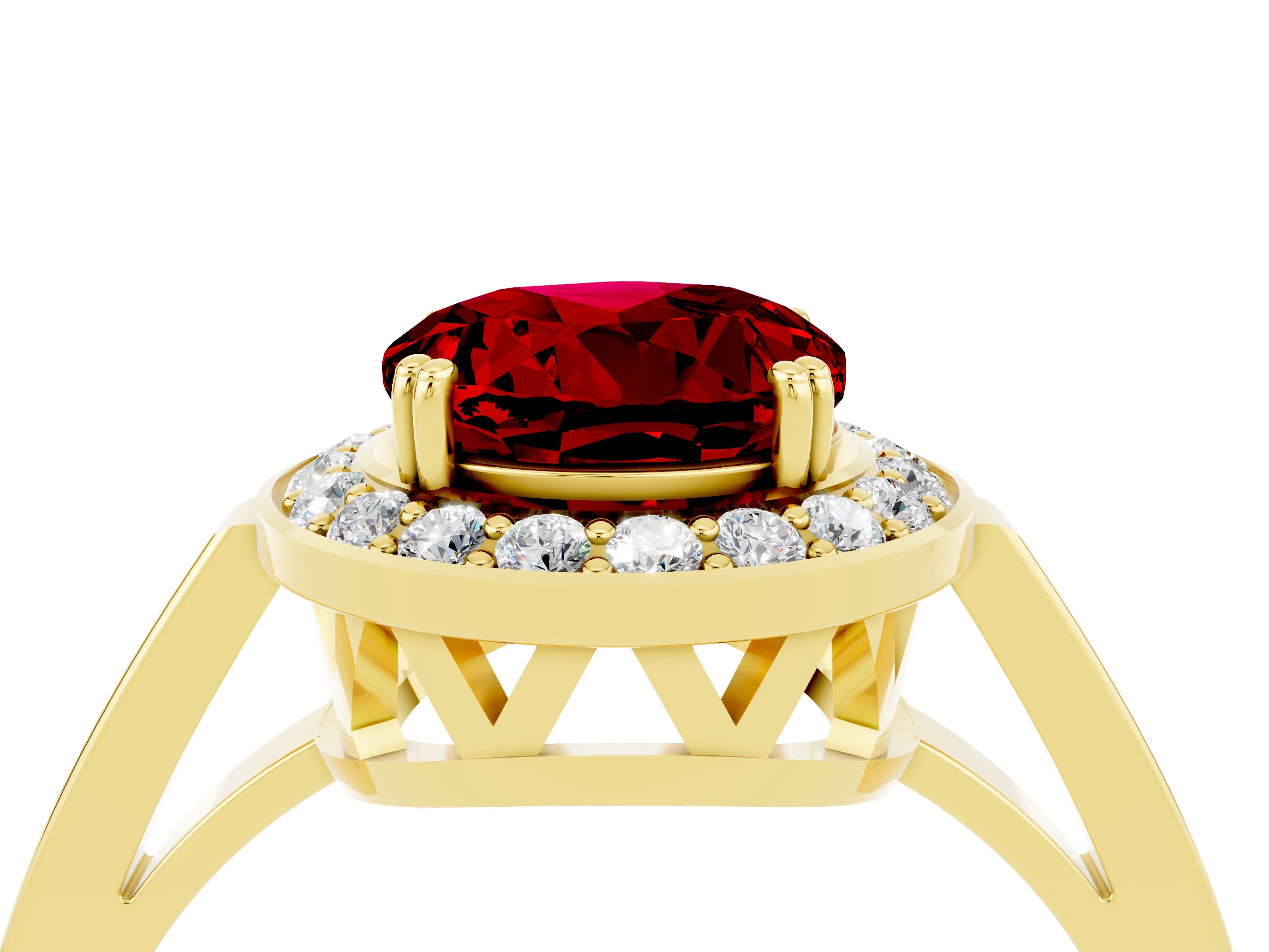 Yellow gold {shape_name} Ruby Halo Ring with Split Shank and Four-Prong Setting_4