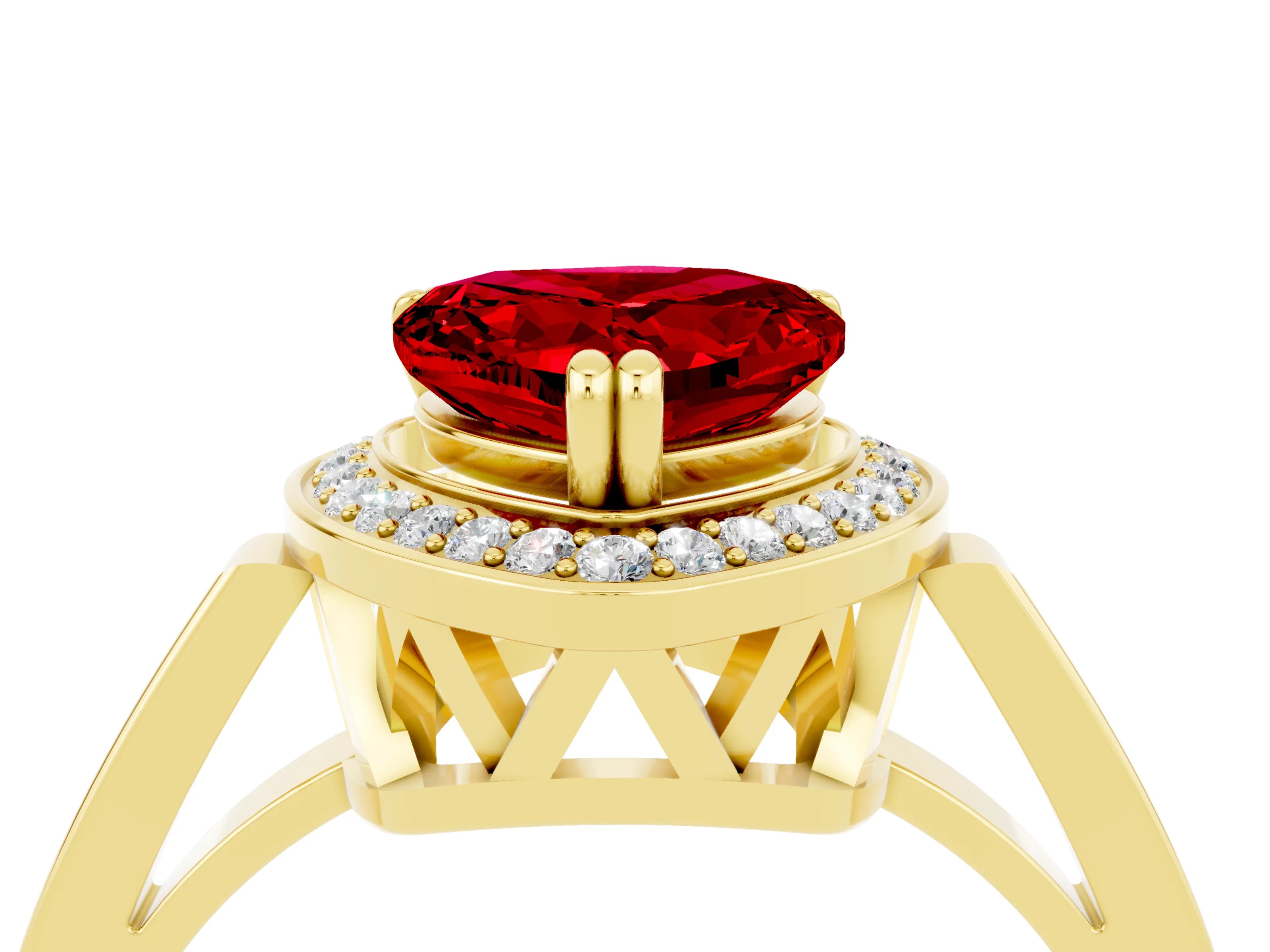 Yellow gold {shape_name} Ruby Halo Ring with Split Shank and Four-Prong Setting_4