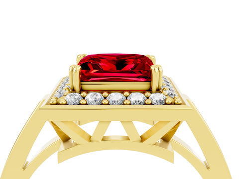 Yellow gold {shape_name} Ruby Halo Ring with Split Shank and Four-Prong Setting_4