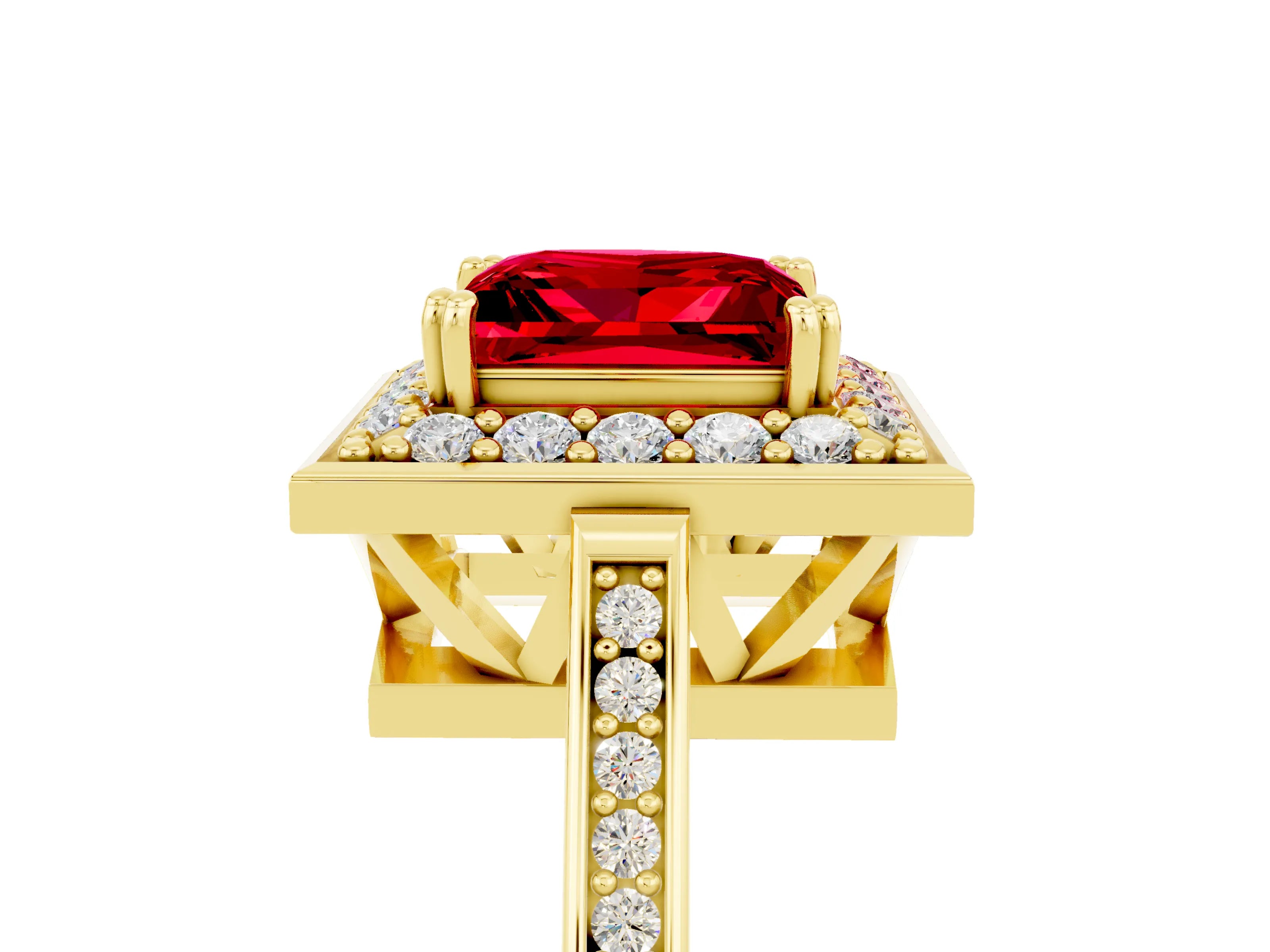 Yellow gold {shape_name} Ruby Halo Ring with Split Shank and Four-Prong Setting_5