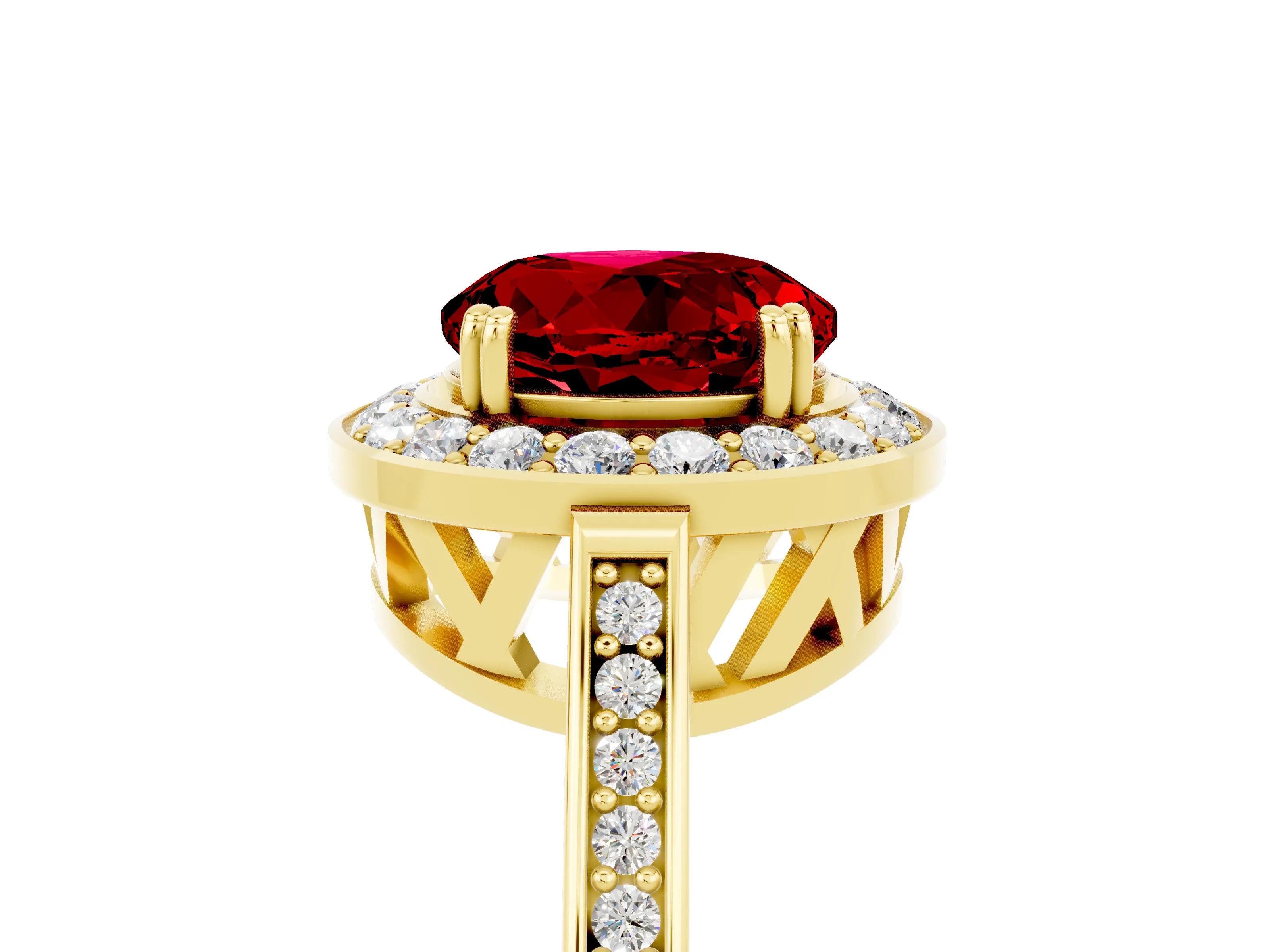 Yellow gold {shape_name} Ruby Halo Ring with Split Shank and Four-Prong Setting_5