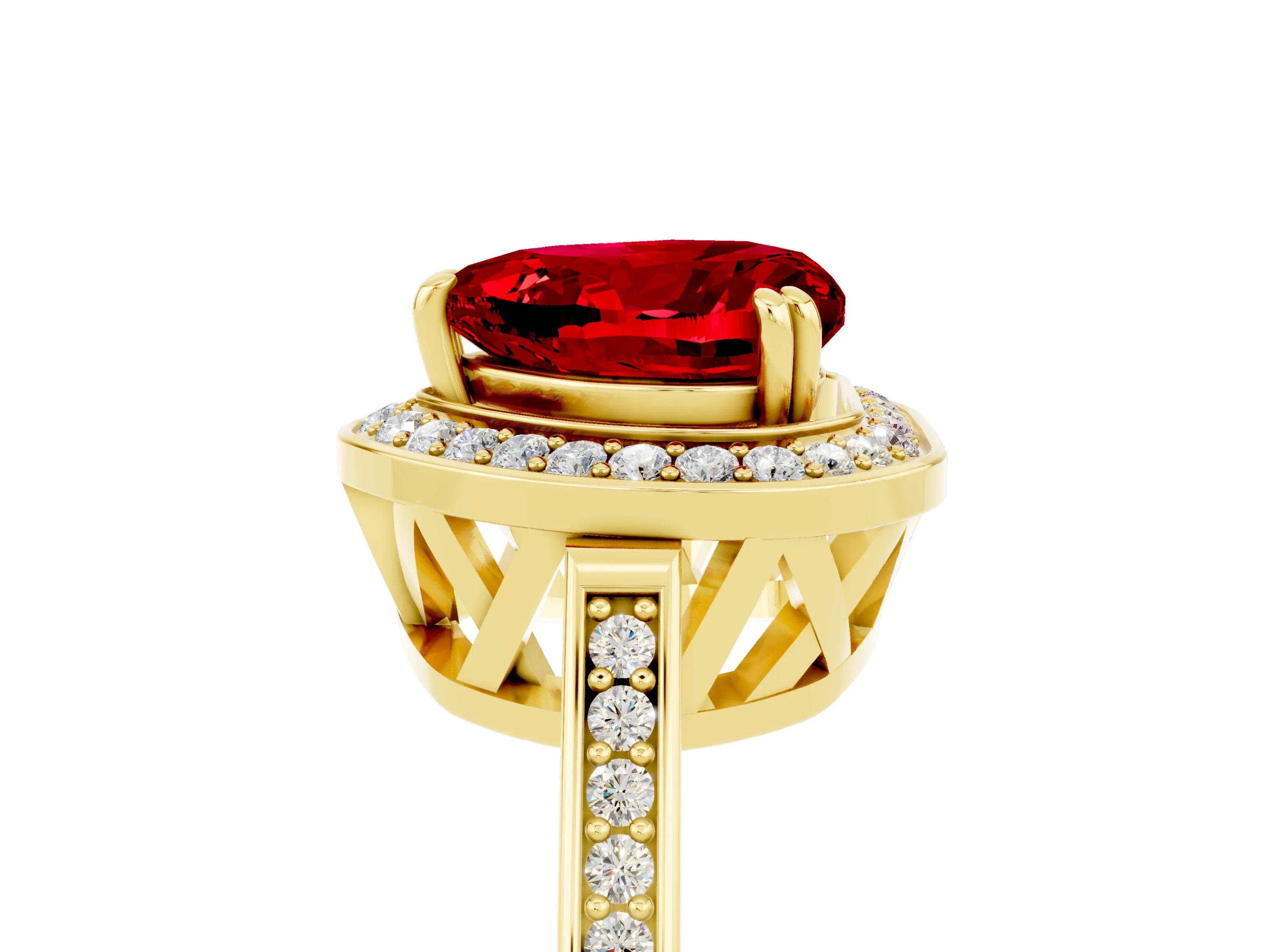 Yellow gold {shape_name} Ruby Halo Ring with Split Shank and Four-Prong Setting_5