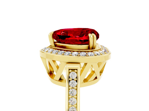 Yellow gold {shape_name} Ruby Halo Ring with Split Shank and Four-Prong Setting_5