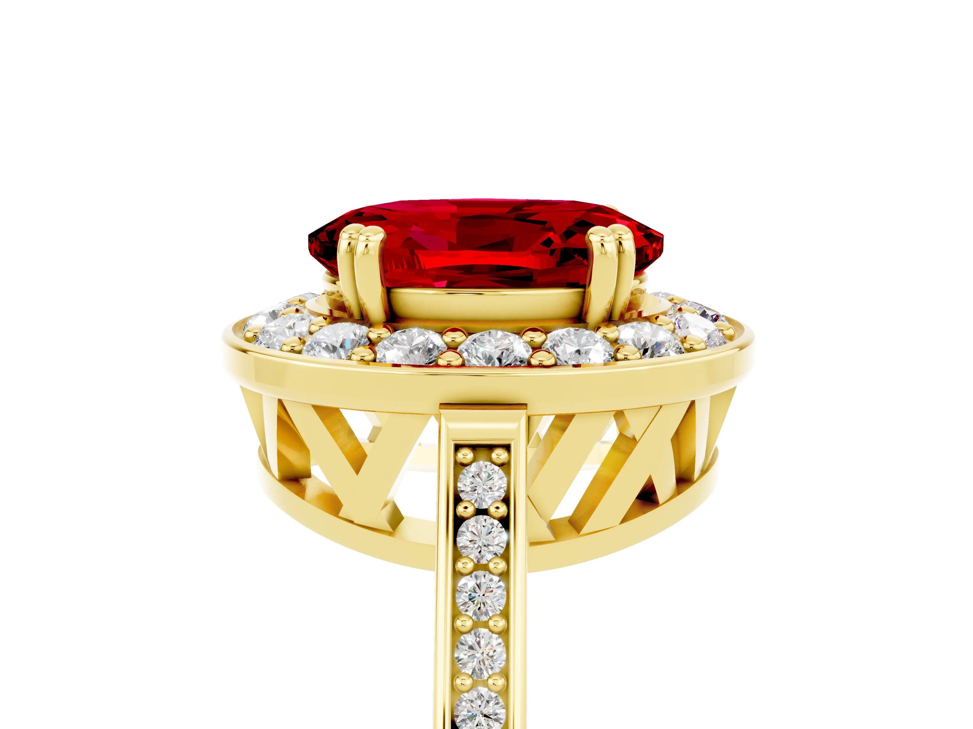 Yellow gold {shape_name} Ruby Halo Ring with Split Shank and Four-Prong Setting_5