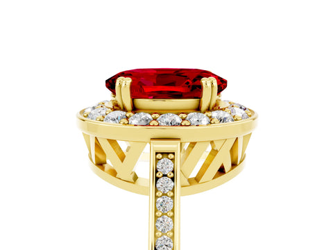 Yellow gold {shape_name} Ruby Halo Ring with Split Shank and Four-Prong Setting_5