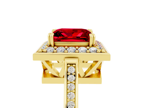 Yellow gold {shape_name} Ruby Halo Ring with Split Shank and Four-Prong Setting_5