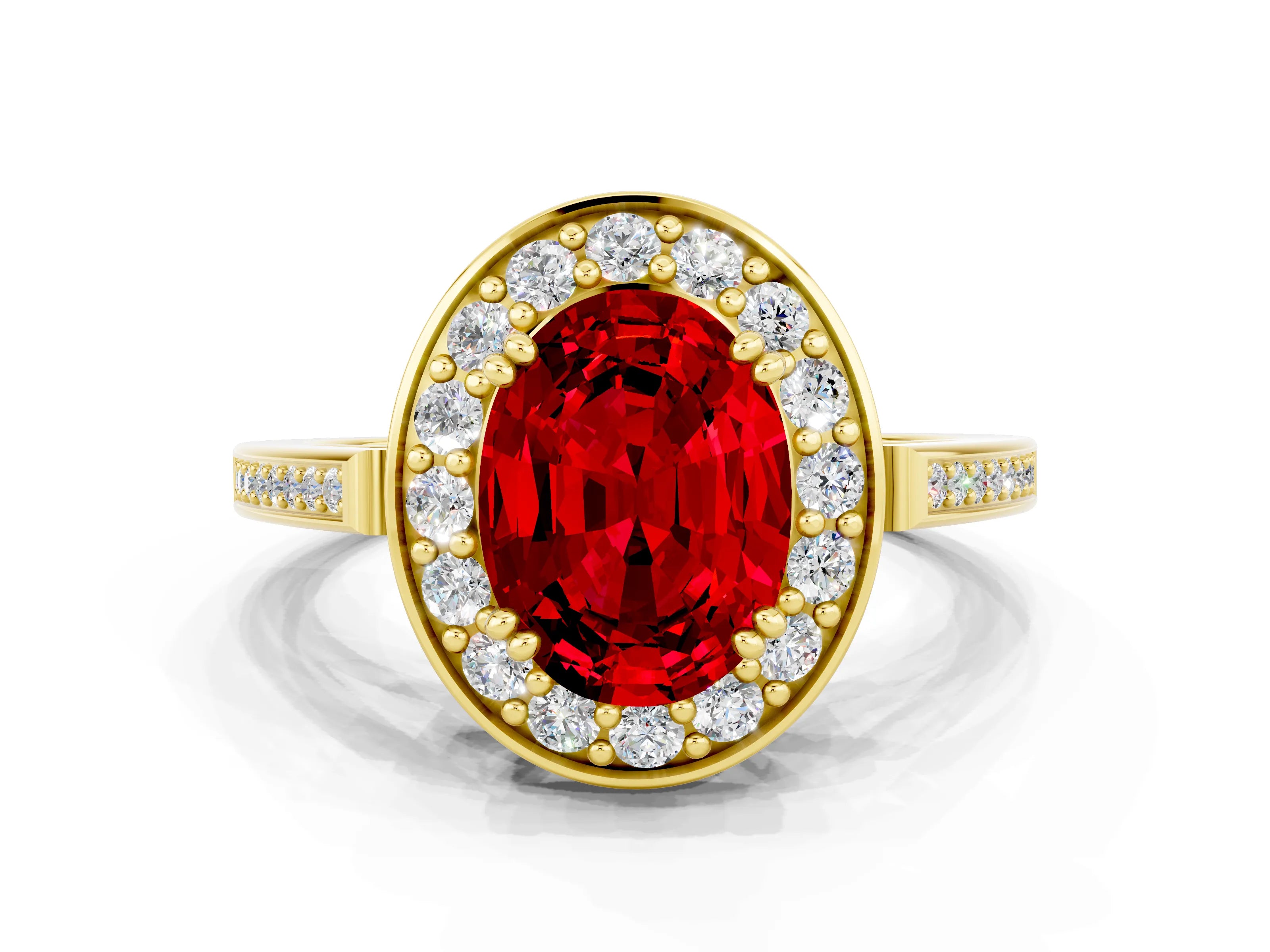 Yellow gold {shape_name} Ruby Halo Ring with Split Shank and Four-Prong Setting