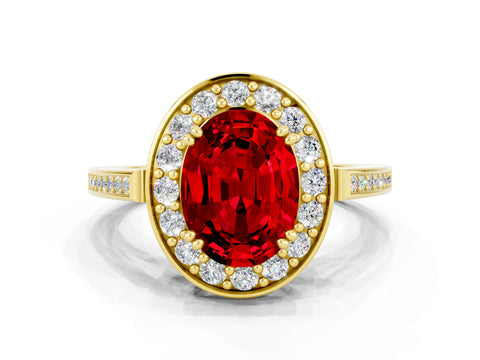 Yellow gold {shape_name} Ruby Halo Ring with Split Shank and Four-Prong Setting