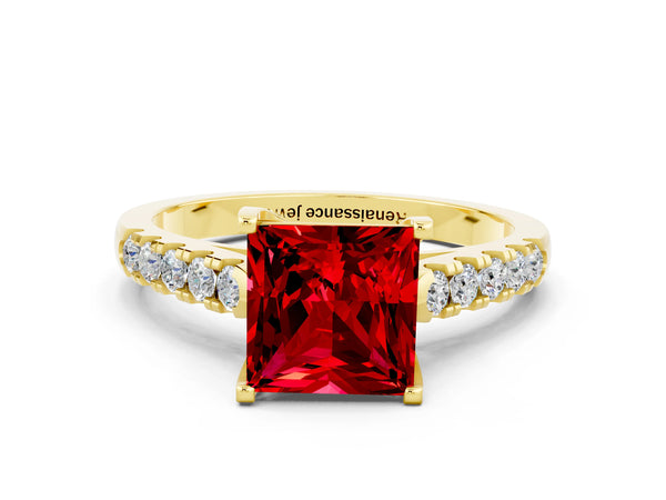 Yellow gold Princess Cut Ruby Pavé Band Solitaire Ring with Prong Setting