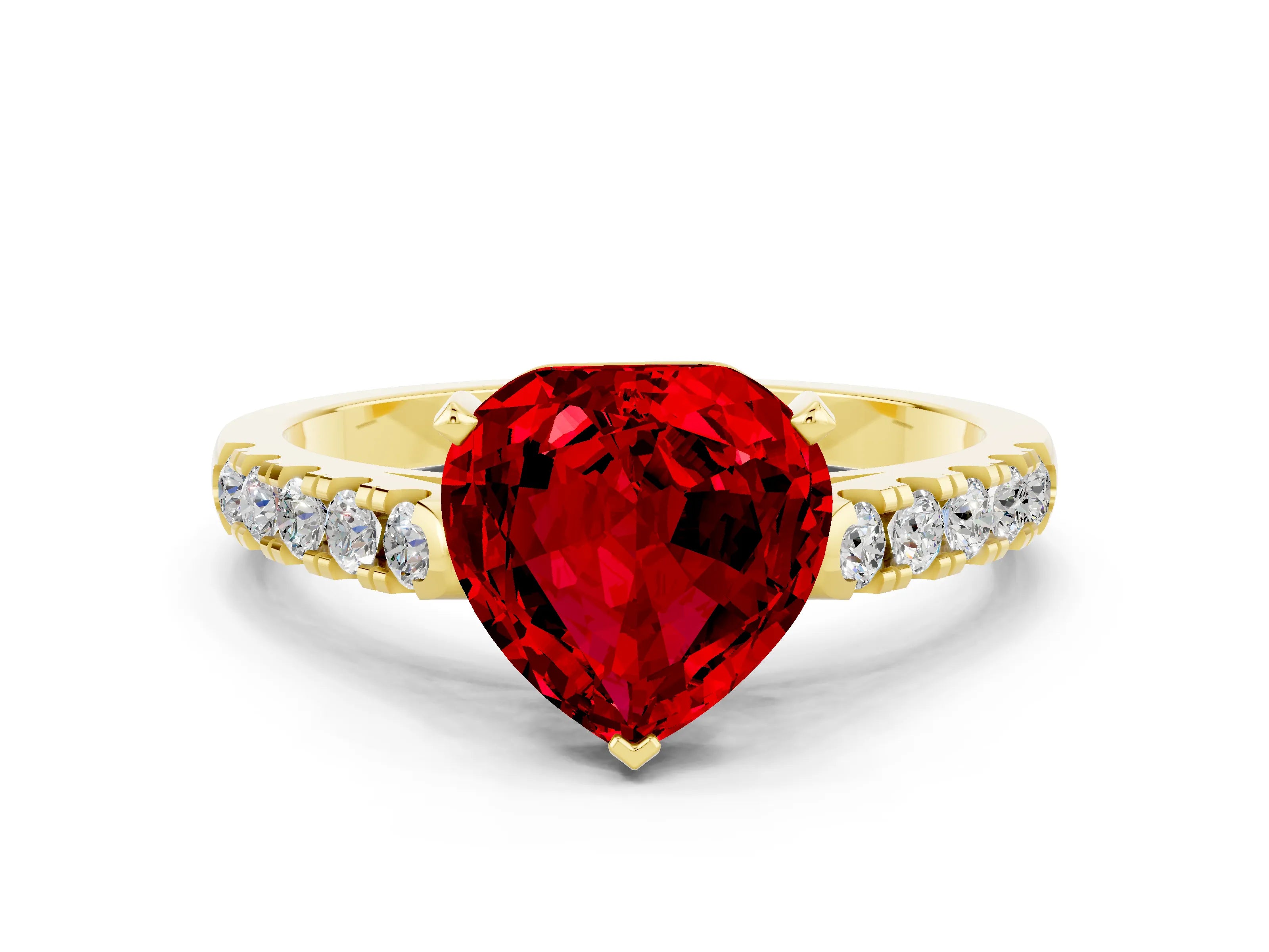 Yellow gold {shape_name} Ruby Solitaire Ring with Pavé Band and Four-Prong Setting