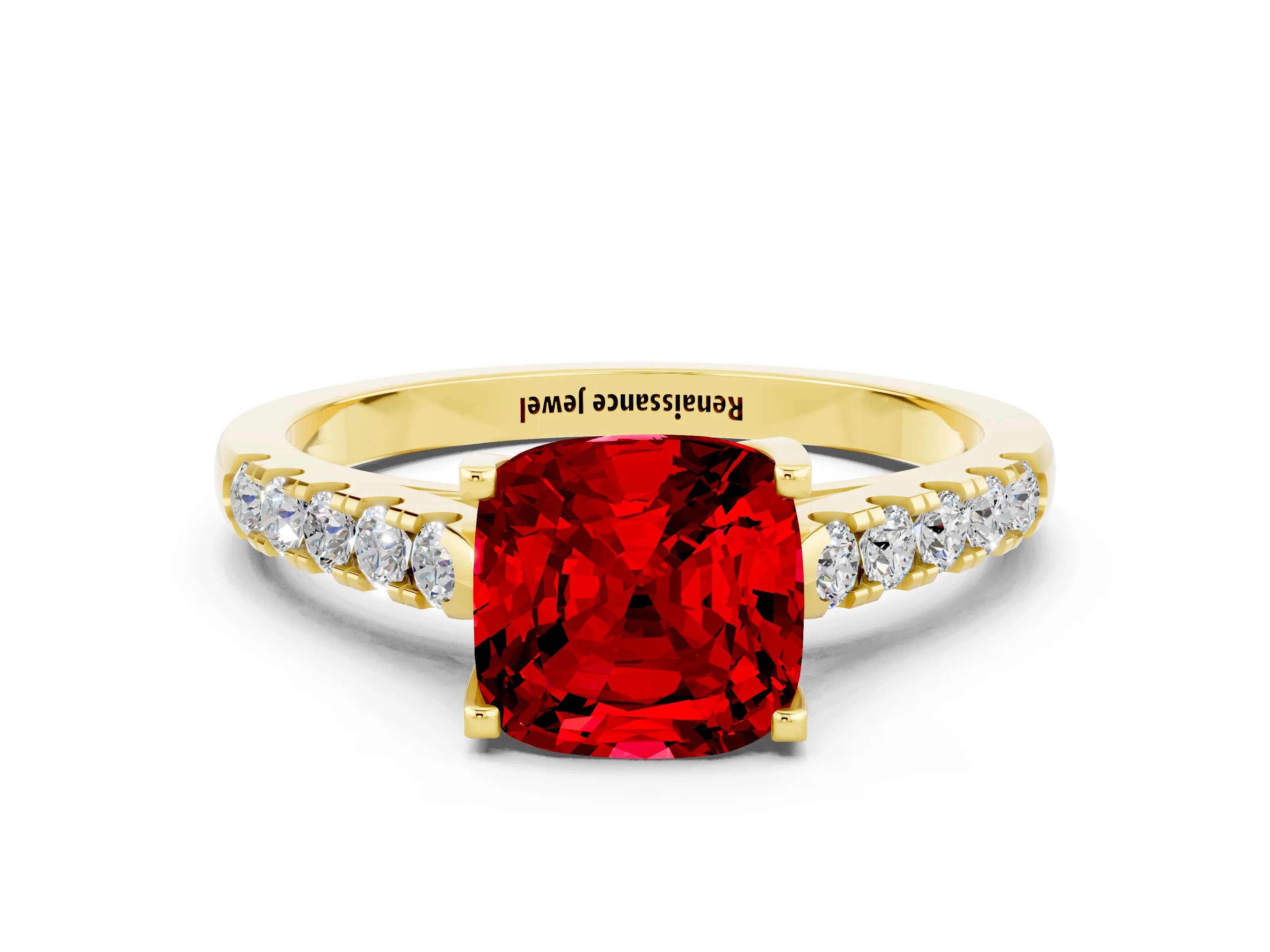 Yellow gold {shape_name} Ruby Solitaire Ring with Pavé Band and Four-Prong Setting