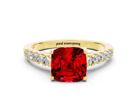 Yellow gold {shape_name} Ruby Solitaire Ring with Pavé Band and Four-Prong Setting