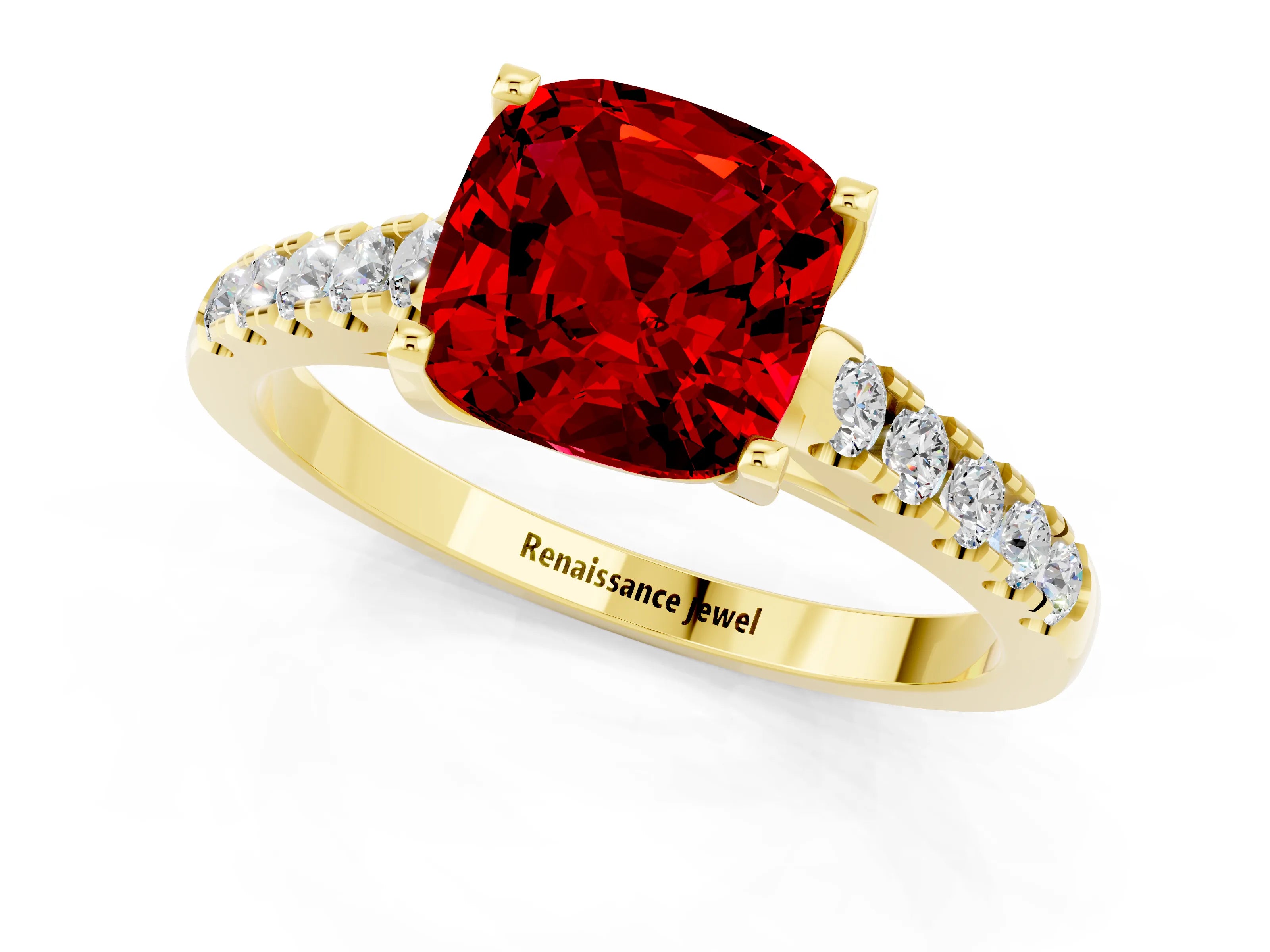 Yellow gold {shape_name} Ruby Solitaire Ring with Pavé Band and Four-Prong Setting_1