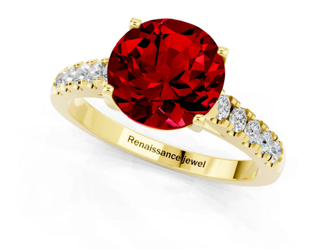 Yellow gold {shape_name} Ruby Solitaire Ring with Pavé Band and Four-Prong Setting_1