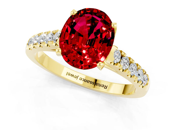 Yellow gold Oval Cut Ruby Pavé Band Solitaire Ring with Prong Setting