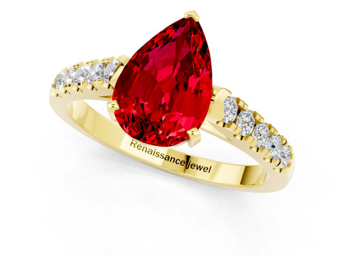 Yellow gold {shape_name} Ruby Solitaire Ring with Pavé Band and Four-Prong Setting_1