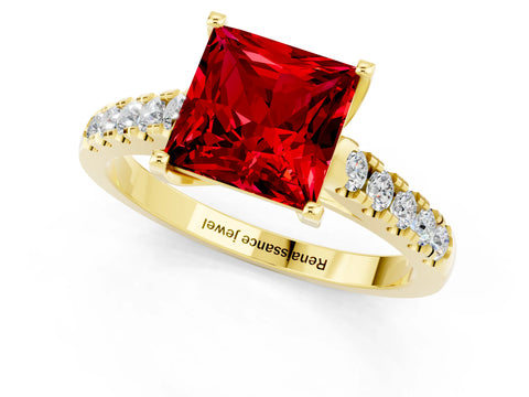 Yellow gold {shape_name} Ruby Solitaire Ring with Pavé Band and Four-Prong Setting_1
