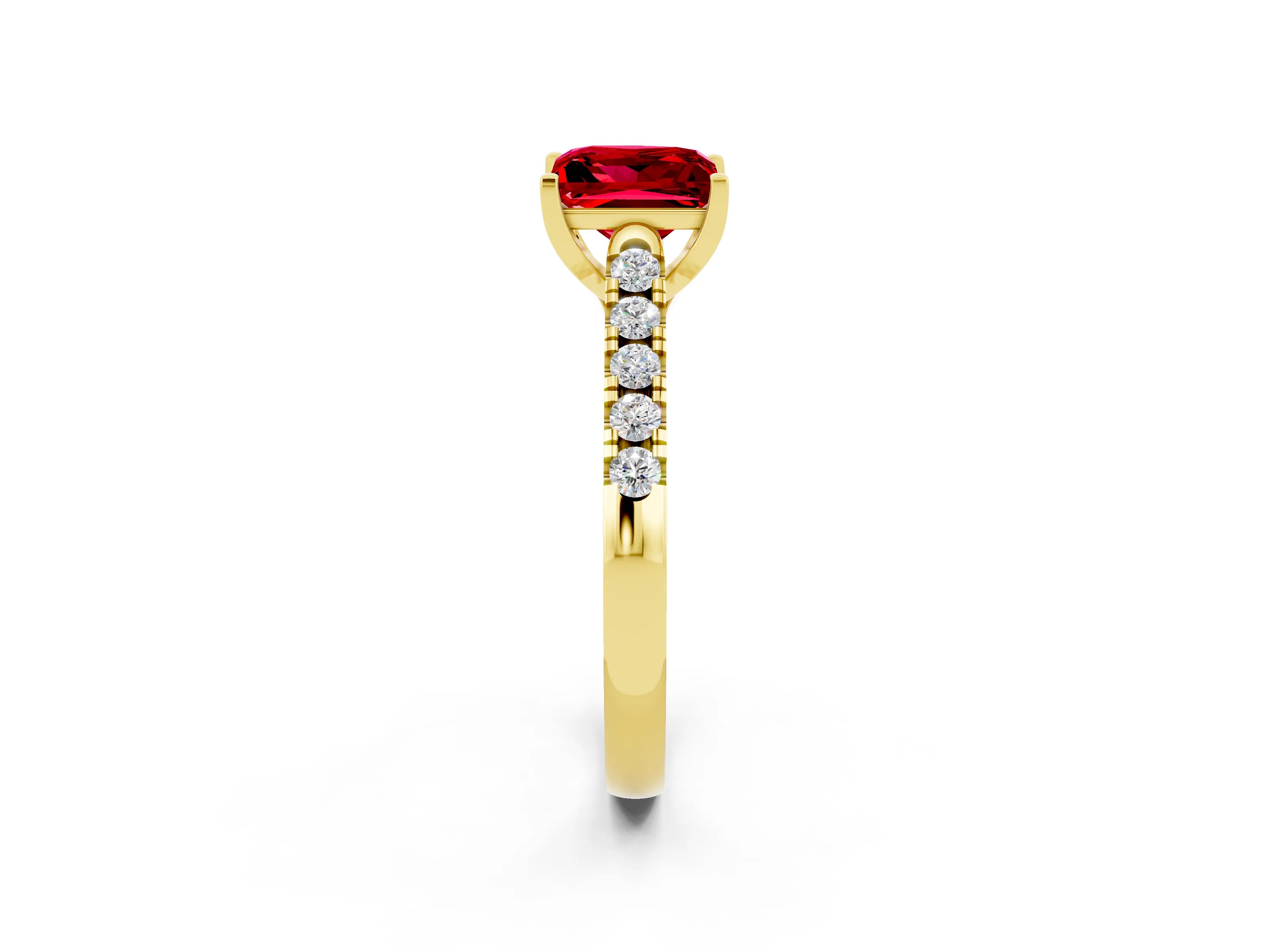 Yellow gold {shape_name} Ruby Solitaire Ring with Pavé Band and Four-Prong Setting_2