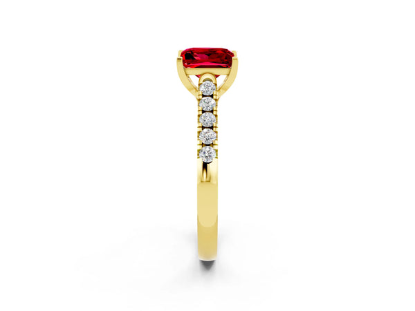 Yellow gold Princess Cut Ruby Pavé Band Solitaire Ring with Prong Setting