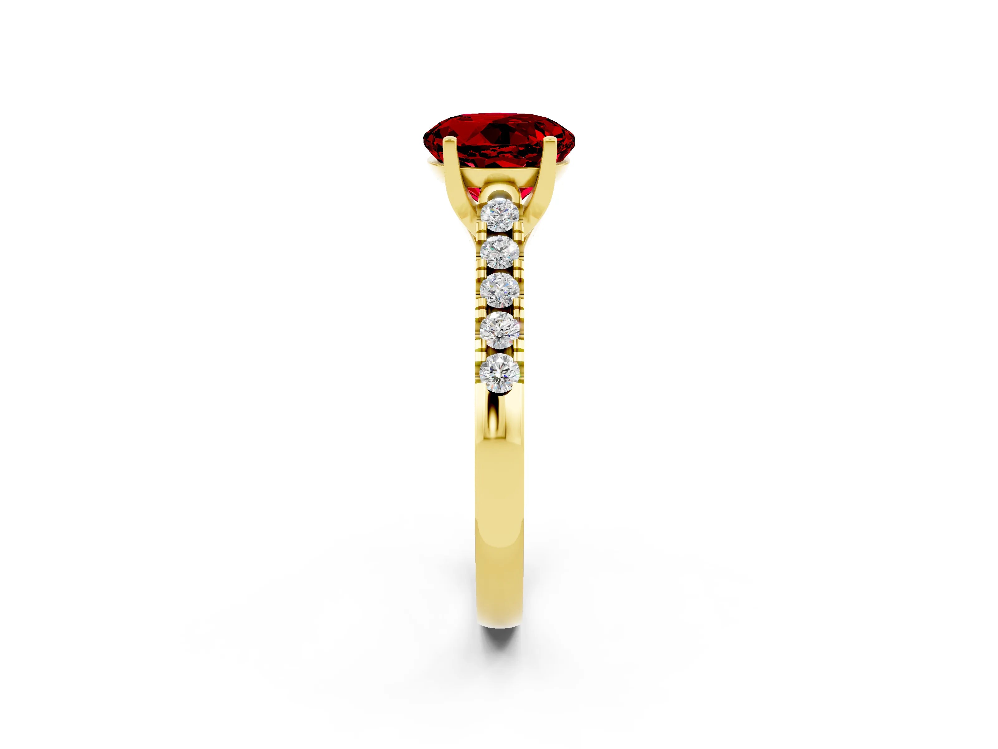 Yellow gold {shape_name} Ruby Solitaire Ring with Pavé Band and Four-Prong Setting_2