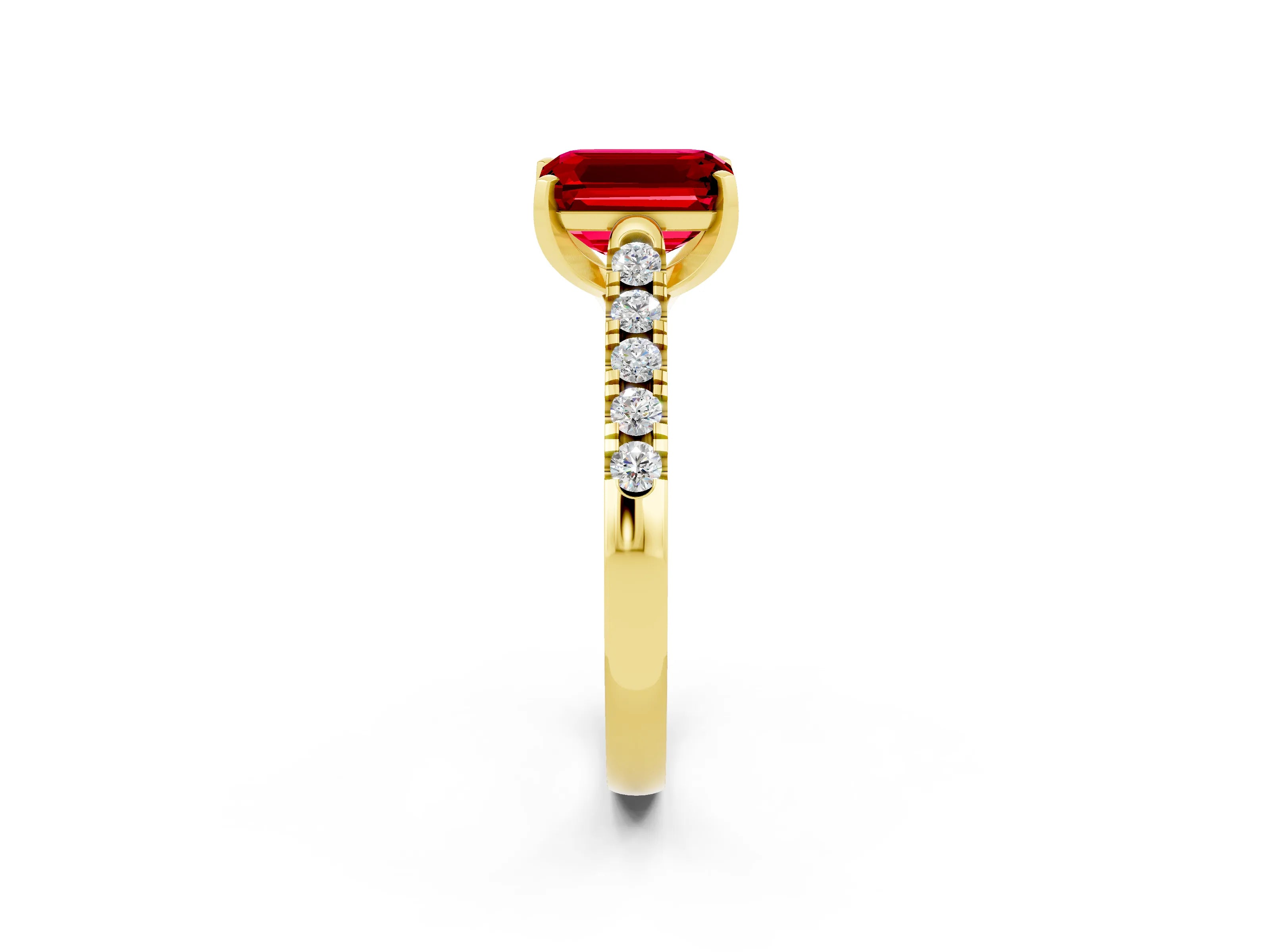 Yellow gold {shape_name} Ruby Solitaire Ring with Pavé Band and Four-Prong Setting_2